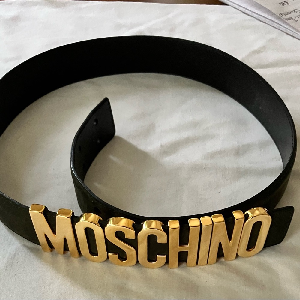 Moschino Moss Green Suede Belt with Gold Logo Size 40